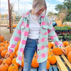 Oversized Heavyweight Teal And Pink Plaid Flannel Shacket With Button Pocket new